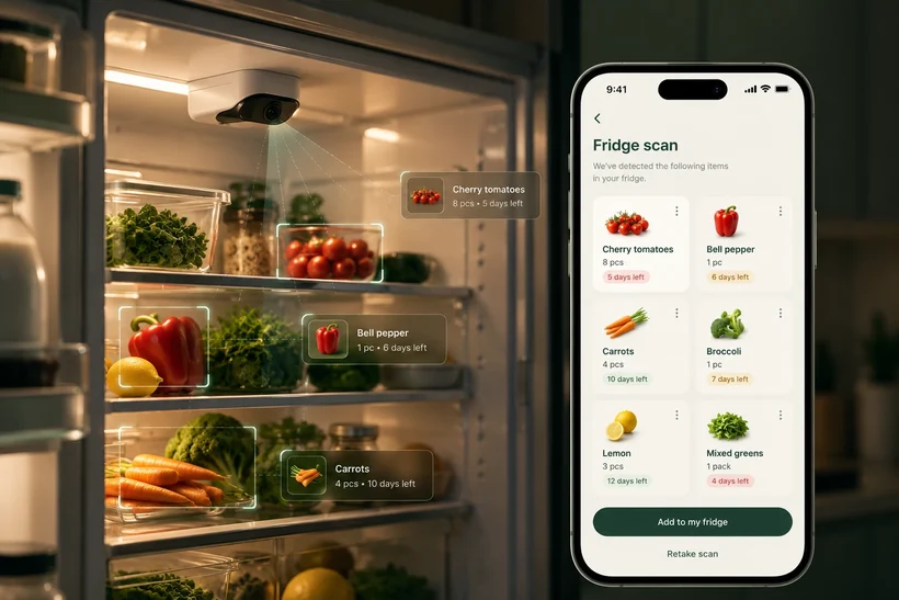 Camera-assisted fridge scan concept — a fridge camera detecting items alongside the Fridge scan app screen