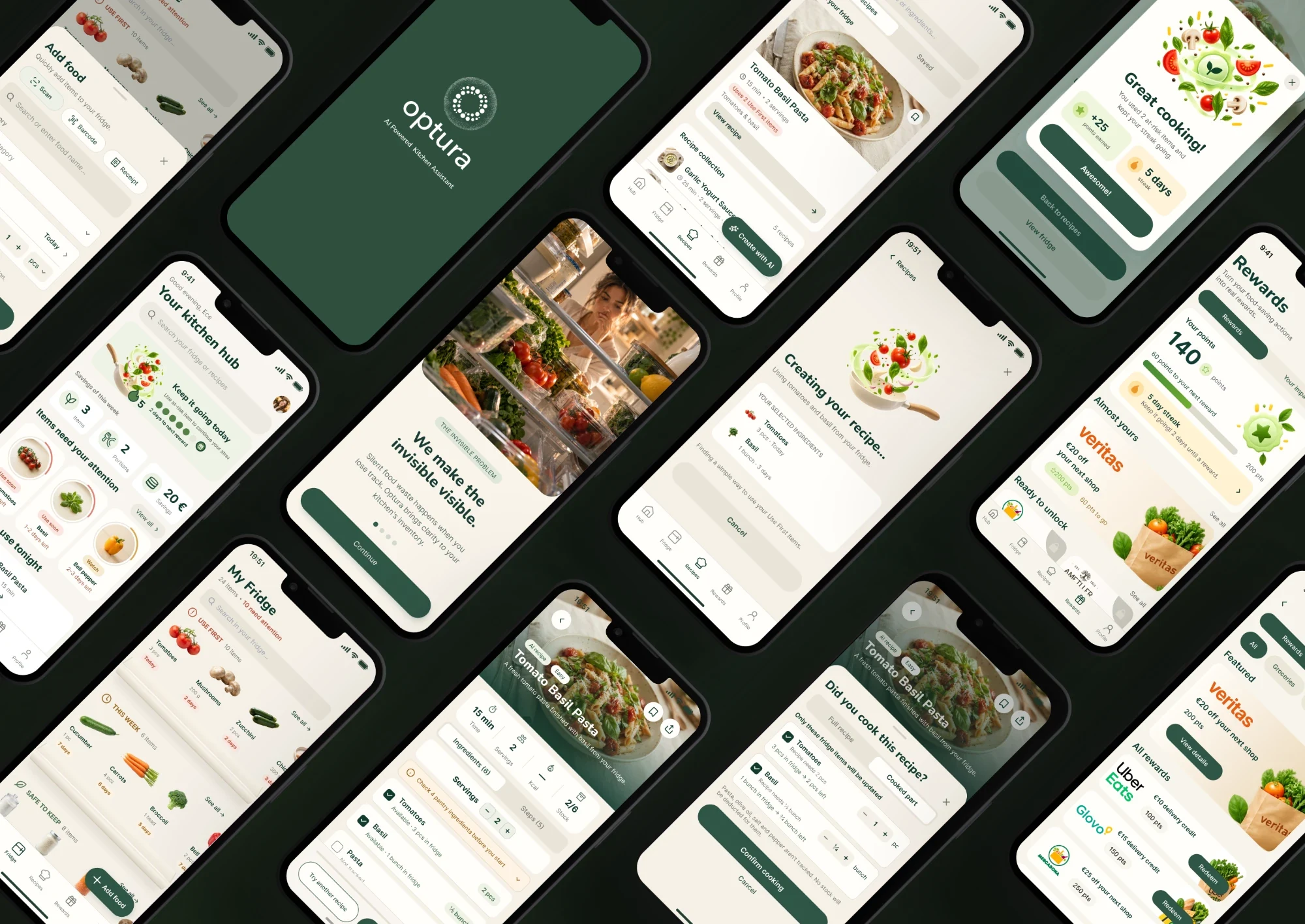 Isometric showcase of Optura app screens — onboarding, kitchen hub, fridge, recipes and rewards